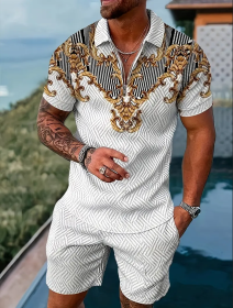 Polo Shirt Sports Short Sleeve Shorts Suit For Men (Option: Gray gold-L)