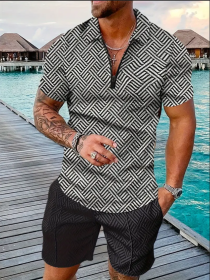 Polo Shirt Sports Short Sleeve Shorts Suit For Men (Option: Black and white2-XL)